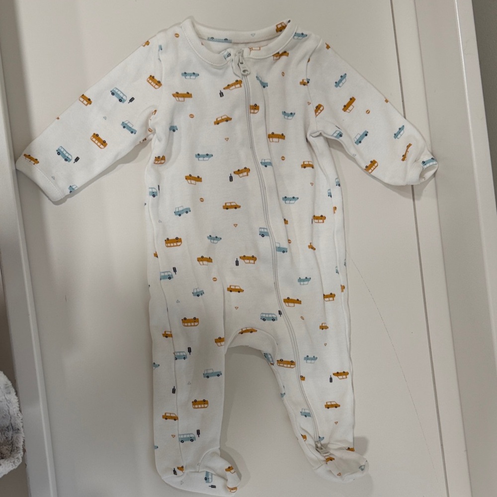 Nordstrom White Footed One-Piece with Blue and Mustard Car Print